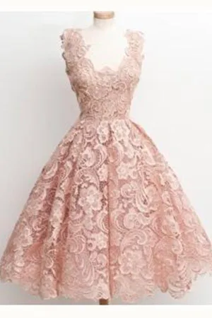 Short Scoop-Neck Lace Little Dress Nude Homecoming Dress TR0034