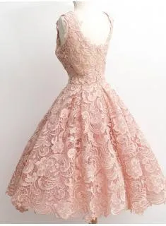 Short Scoop-Neck Lace Little Dress Nude Homecoming Dress TR0034