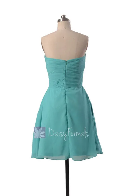 Short Strapless Chiffon Prom Dress Tiffany Blue Bridesmaid Dress(BM718)