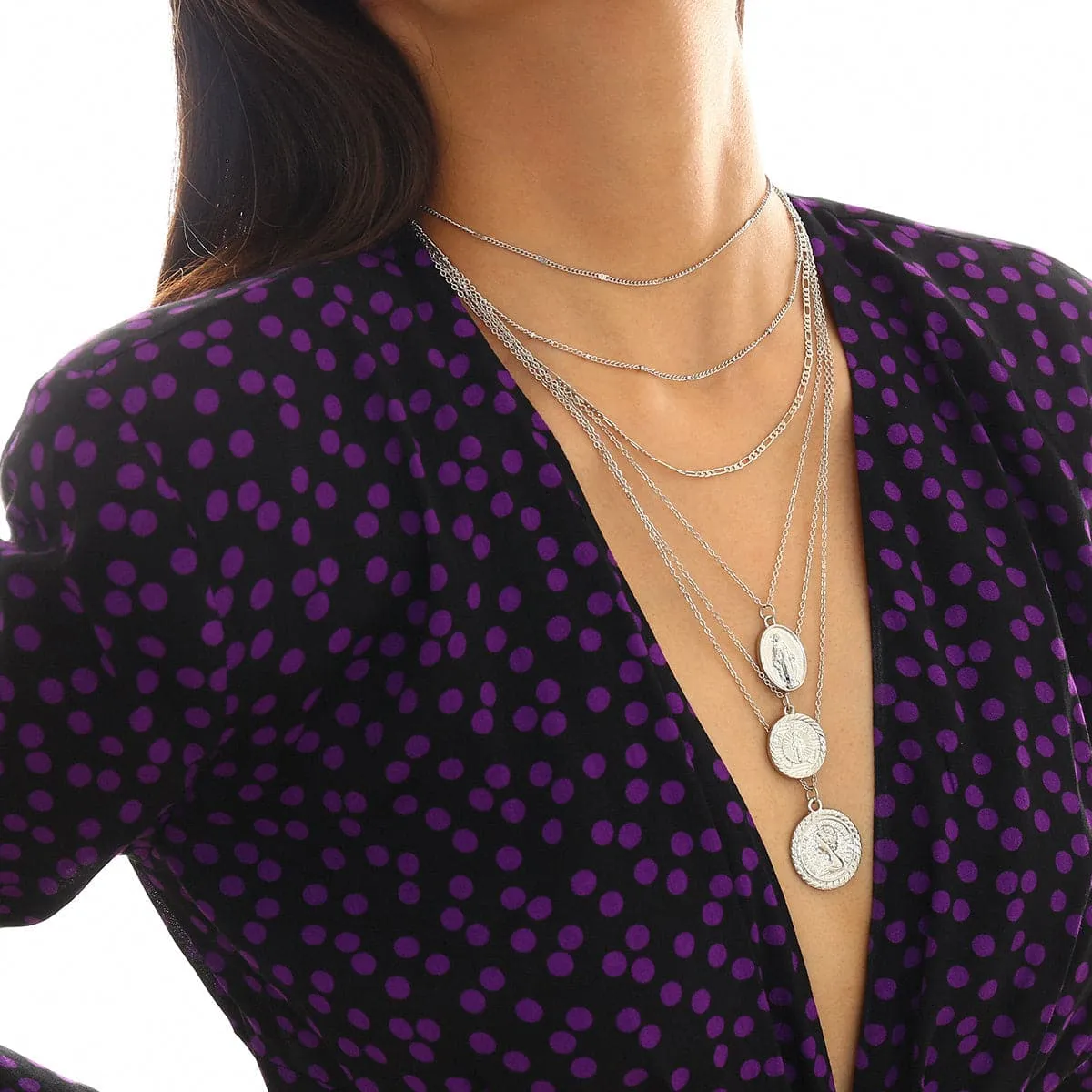 Silver-Plated Mary & Saint Figure Layered Pendant Necklace