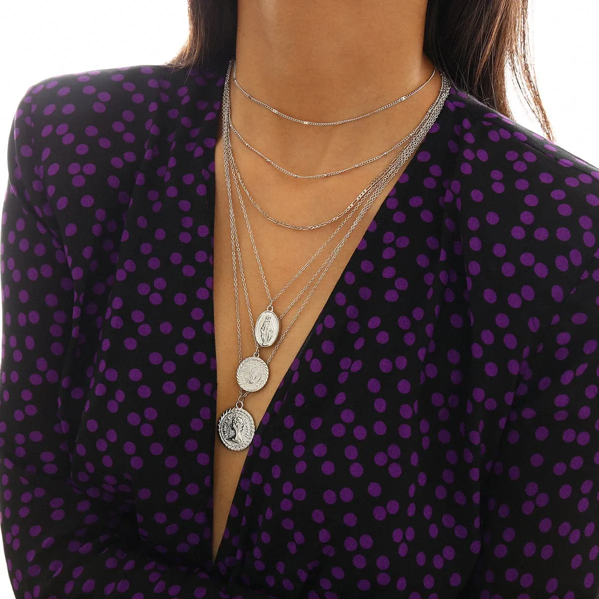 Silver-Plated Mary & Saint Figure Layered Pendant Necklace