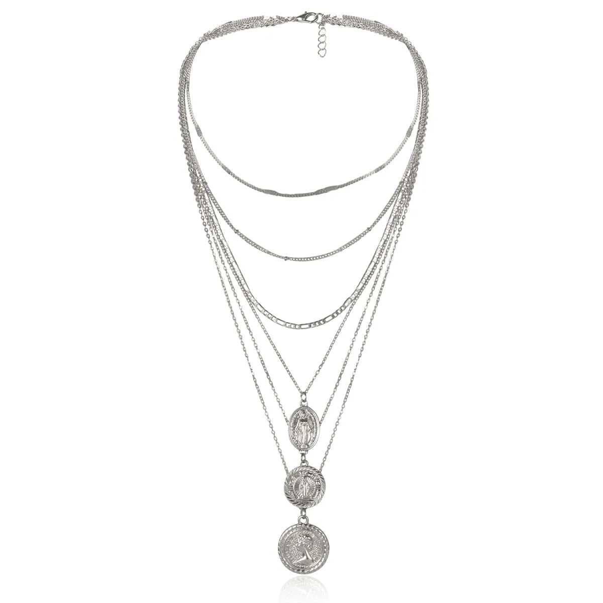 Silver-Plated Mary & Saint Figure Layered Pendant Necklace