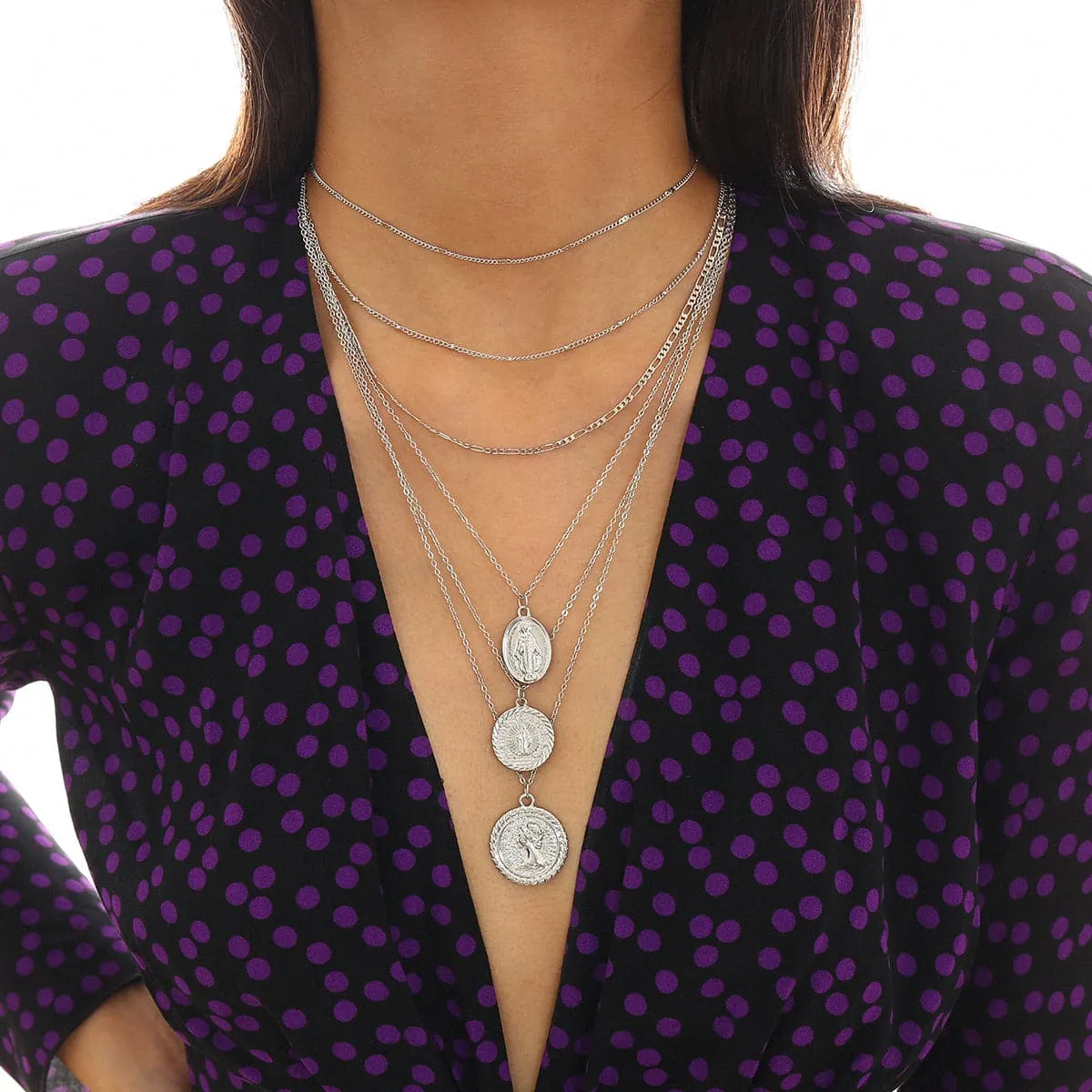 Silver-Plated Mary & Saint Figure Layered Pendant Necklace