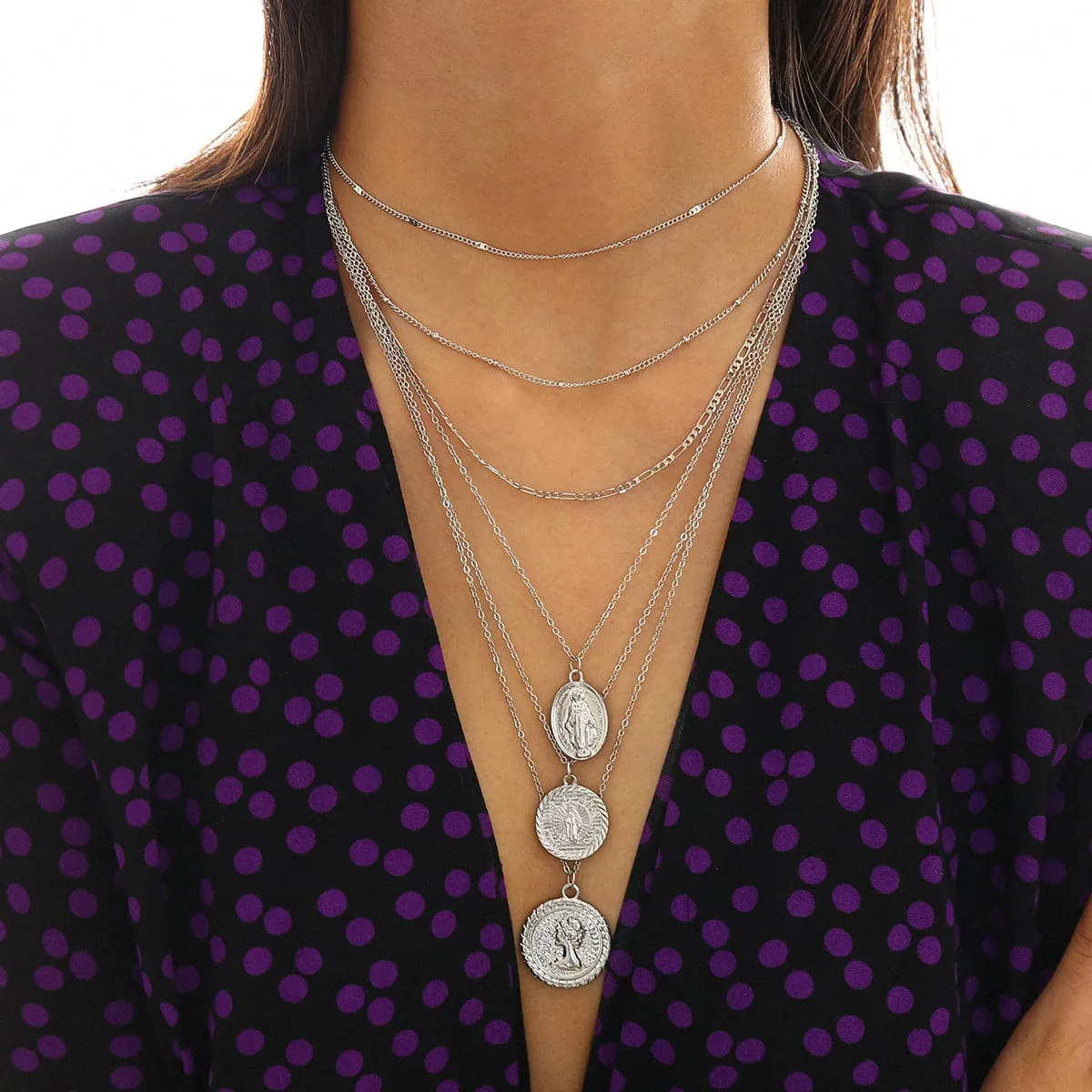 Silver-Plated Mary & Saint Figure Layered Pendant Necklace