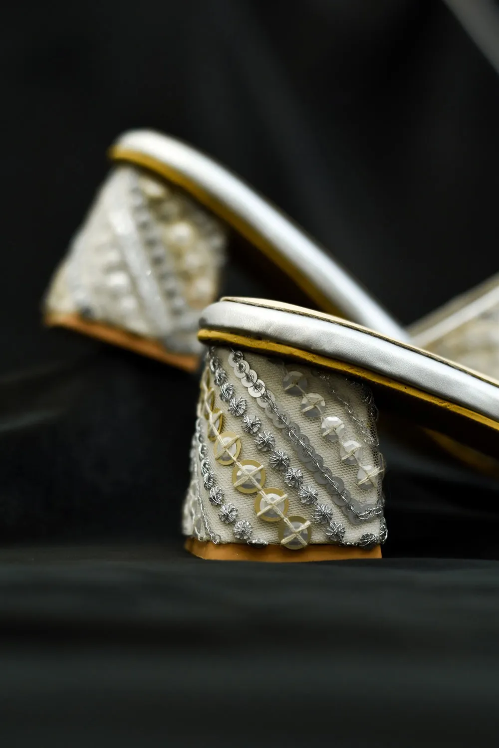 Silver Poly Silk & Rexine Embroidered Heels