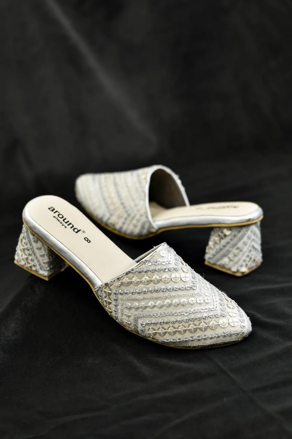 Silver Poly Silk & Rexine Embroidered Heels