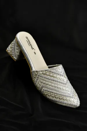 Silver Poly Silk & Rexine Embroidered Heels