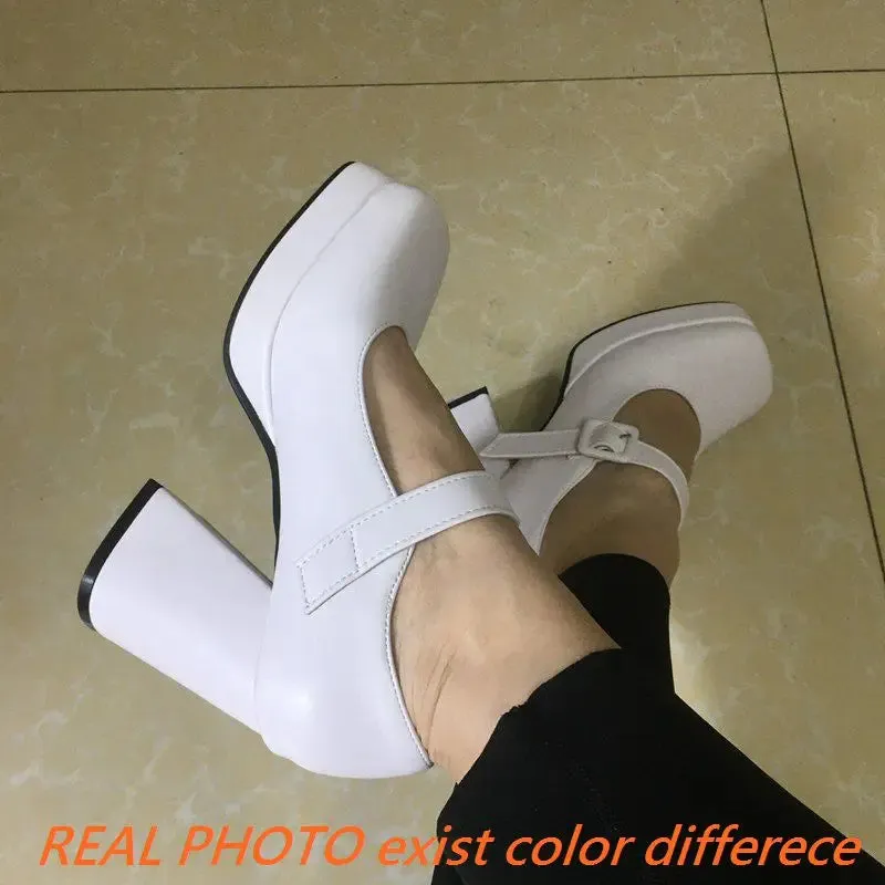 SIMLOVEYO Brand Ladies Pumps Toe Block Heels 10cm Platform 2cm Buckle Strap Female Shoes Sexy 46 47 48