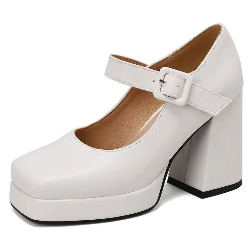 SIMLOVEYO Brand Ladies Pumps Toe Block Heels 10cm Platform 2cm Buckle Strap Female Shoes Sexy 46 47 48