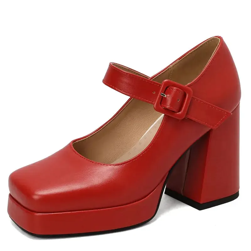 SIMLOVEYO Brand Ladies Pumps Toe Block Heels 10cm Platform 2cm Buckle Strap Female Shoes Sexy 46 47 48