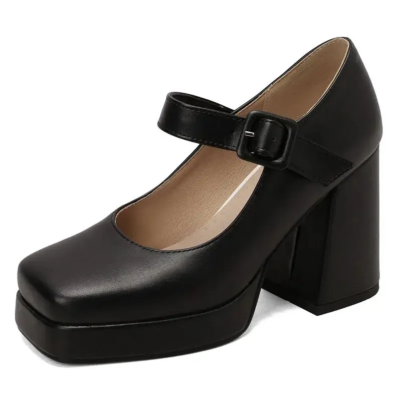 SIMLOVEYO Brand Ladies Pumps Toe Block Heels 10cm Platform 2cm Buckle Strap Female Shoes Sexy 46 47 48