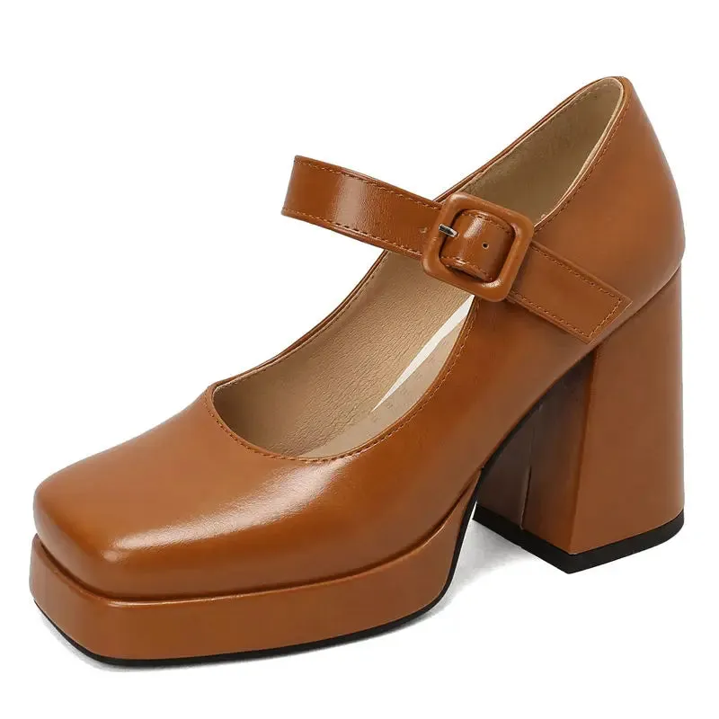 SIMLOVEYO Brand Ladies Pumps Toe Block Heels 10cm Platform 2cm Buckle Strap Female Shoes Sexy 46 47 48