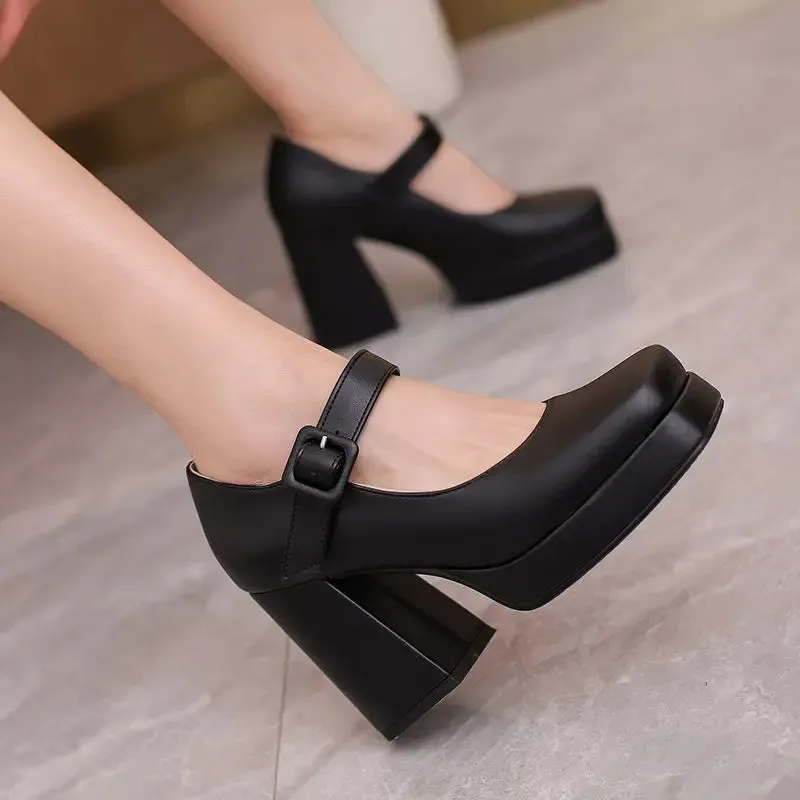 SIMLOVEYO Brand Ladies Pumps Toe Block Heels 10cm Platform 2cm Buckle Strap Female Shoes Sexy 46 47 48