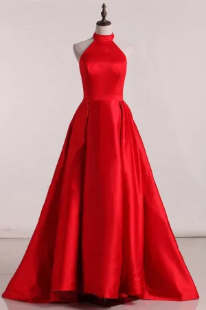 Simple A-line High Neck Sleeveless Open Back Long Satin Prom Dress Evening Dresses  OHC277