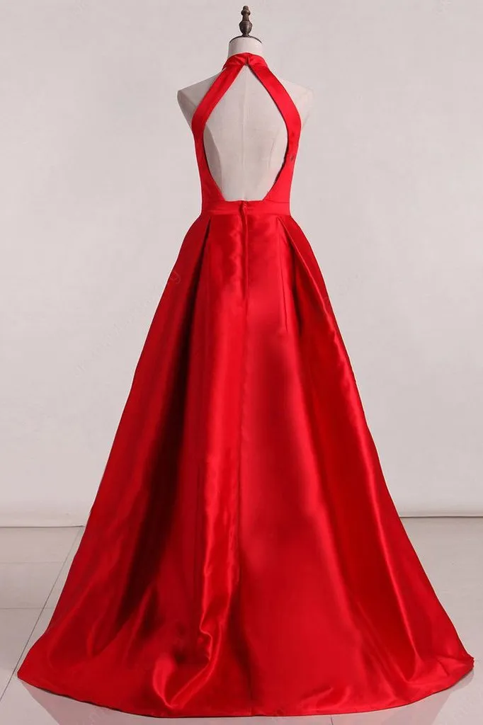 Simple A-line High Neck Sleeveless Open Back Long Satin Prom Dress Evening Dresses  OHC277