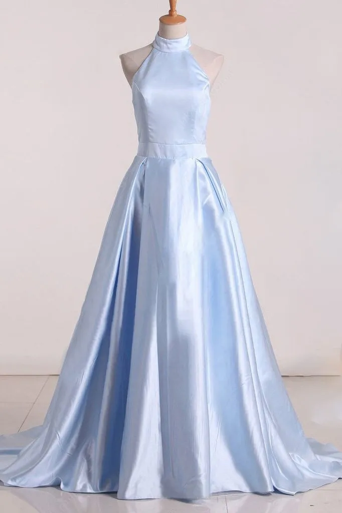 Simple A-line High Neck Sleeveless Open Back Long Satin Prom Dress Evening Dresses  OHC277