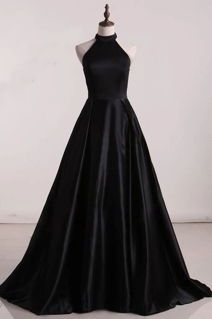 Simple A-line High Neck Sleeveless Open Back Long Satin Prom Dress Evening Dresses  OHC277