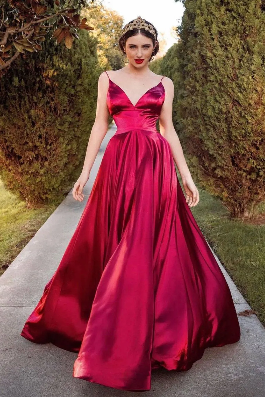 Simple A Line Red Satin Spaghetti Straps Sleeveless Long V Neck Prom Dress Evening Dress OHC382