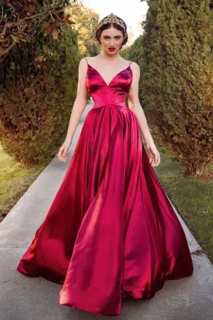 Simple A Line Red Satin Spaghetti Straps Sleeveless Long V Neck Prom Dress Evening Dress OHC382