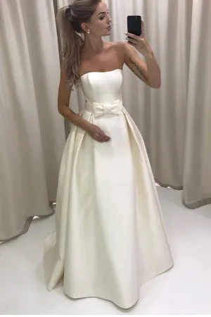 Simple A Line Strapless Long Ivory Satin Prom Dresses With Bowknot OHC490