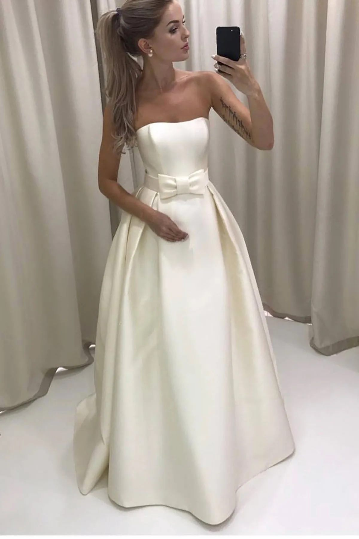 Simple A Line Strapless Long Ivory Satin Prom Dresses With Bowknot OHC490