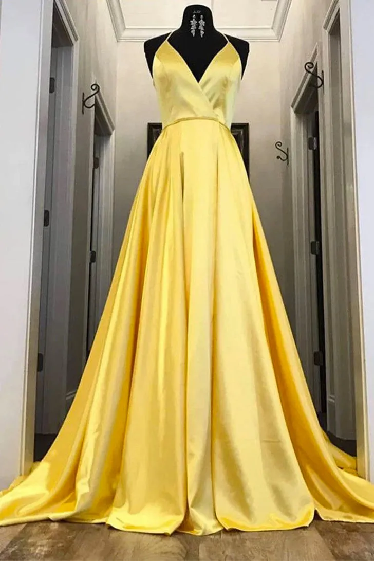 Simple A Line Strapless V Neck Sleeveless Pleats Long Yellow Satin Prom Dress OHC347