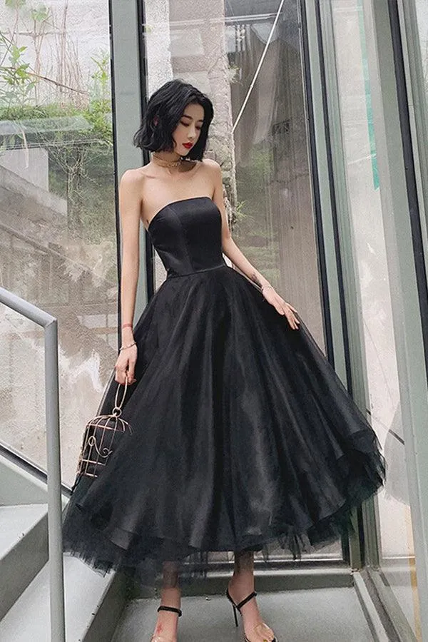 Simple Black Tea Length Prom Dress Black Tulle Homecoming Dress HD0132
