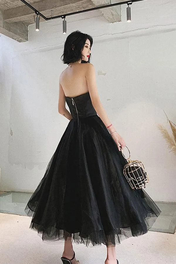 Simple Black Tea Length Prom Dress Black Tulle Homecoming Dress HD0132