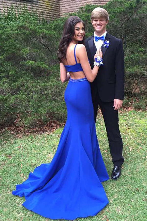 Simple Handmade Mermaid Long Royal Blue Open Back Prom Dress K726