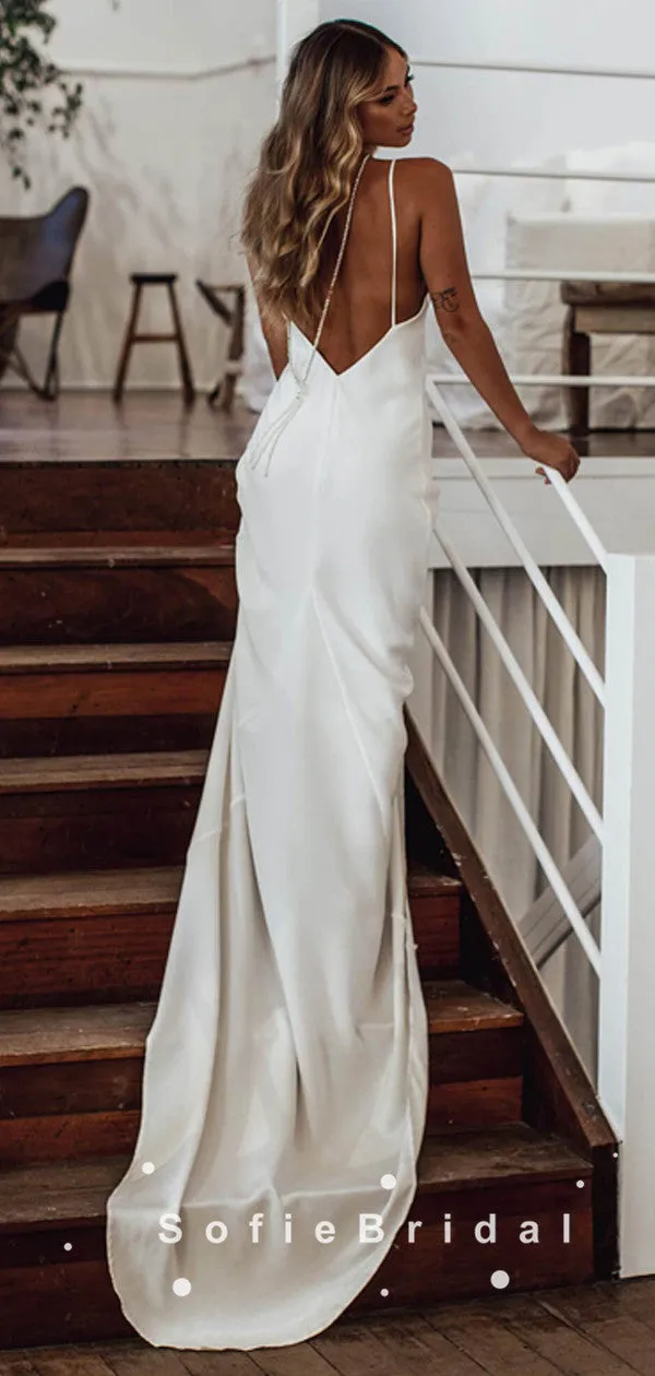 Simple Sheath V-Neck Spaghetti Straps Cheap Long Wedding Dresses,SFWD0017