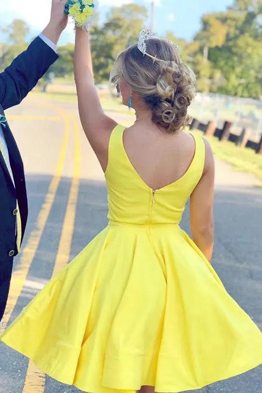 Simple V Neck Yellow Short Homecoming Dresses with Ruched OHM021