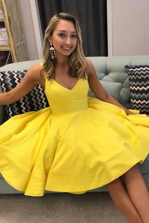 Simple V Neck Yellow Short Homecoming Dresses with Ruched OHM021