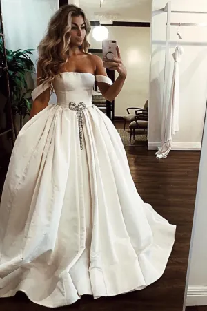 Simple White Satin Off The Shoulder Long Senior Prom Dress Evening Dress With Beading OHC425