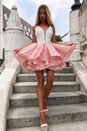 Sleeveless Short Homecoming Dresses Online Deep V Neck Appliques OHM088