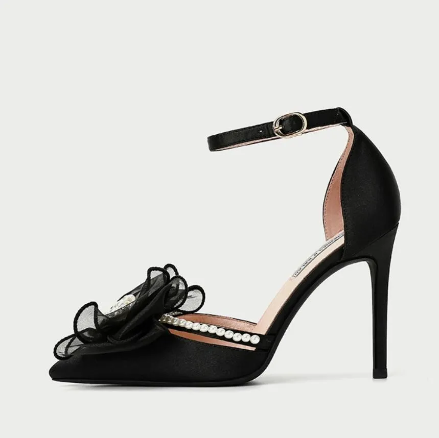 Small Feet Silk Satin Ankle Strap Dress Heels With Bow Tie MS282