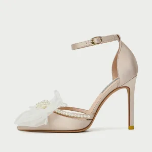 Small Feet Silk Satin Ankle Strap Dress Heels With Bow Tie MS282