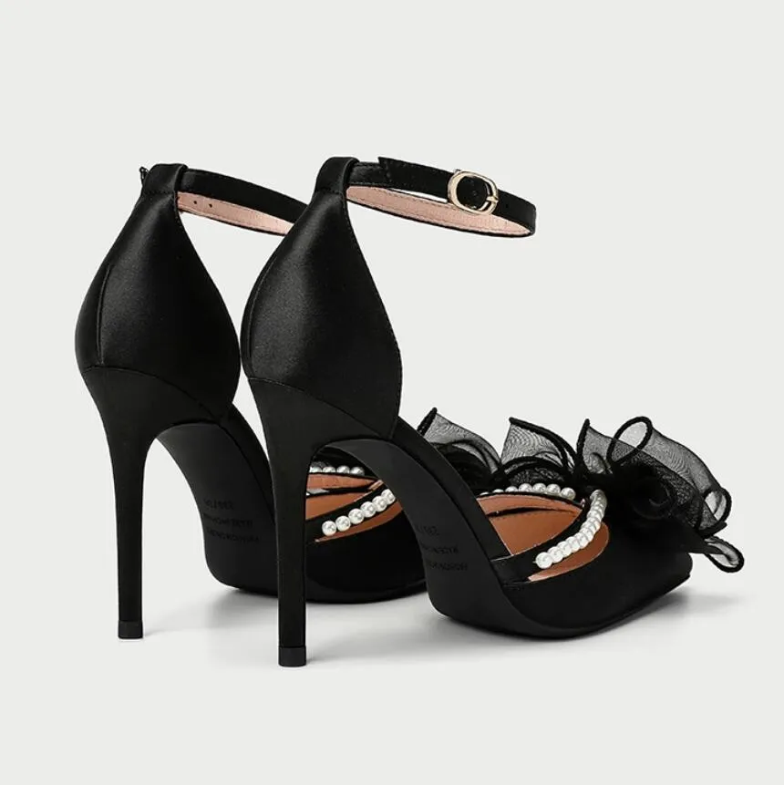 Small Feet Silk Satin Ankle Strap Dress Heels With Bow Tie MS282