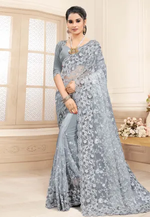 Soft Grey Embroidered Party Wear Saree