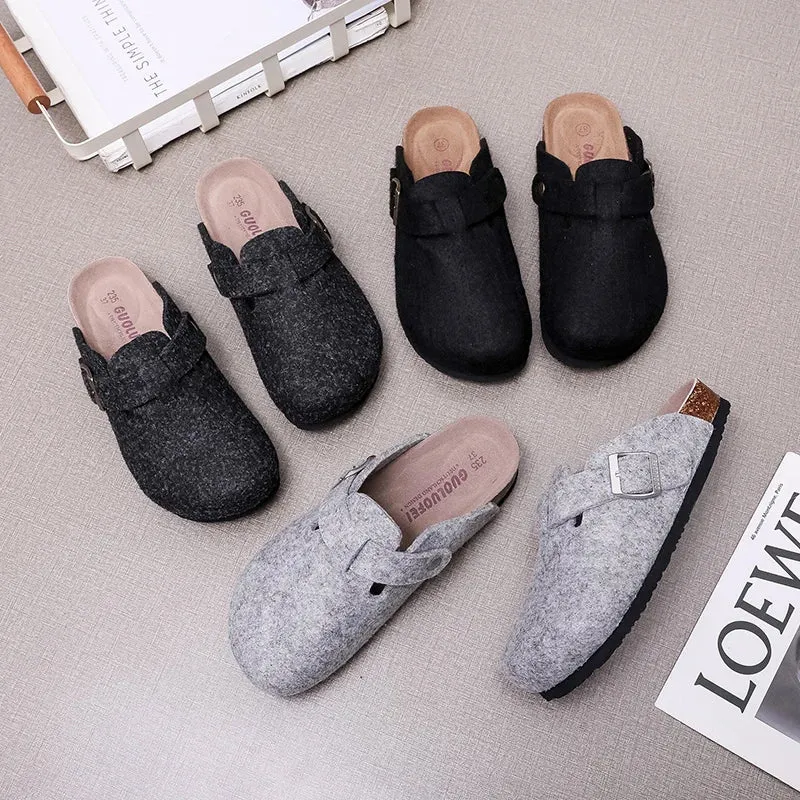 Soft Woolen Slides-High-Quality, Closed-Toe Women's Sandals with Cork Buckle