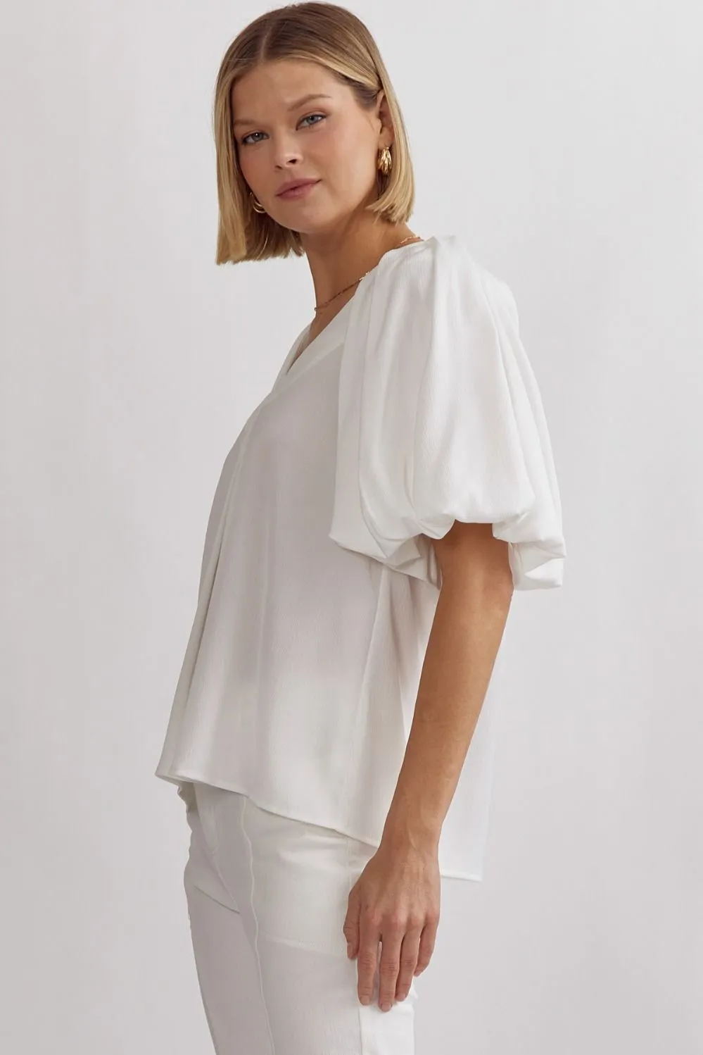 Solid Satin V-Neck Bubble Sleeve Top