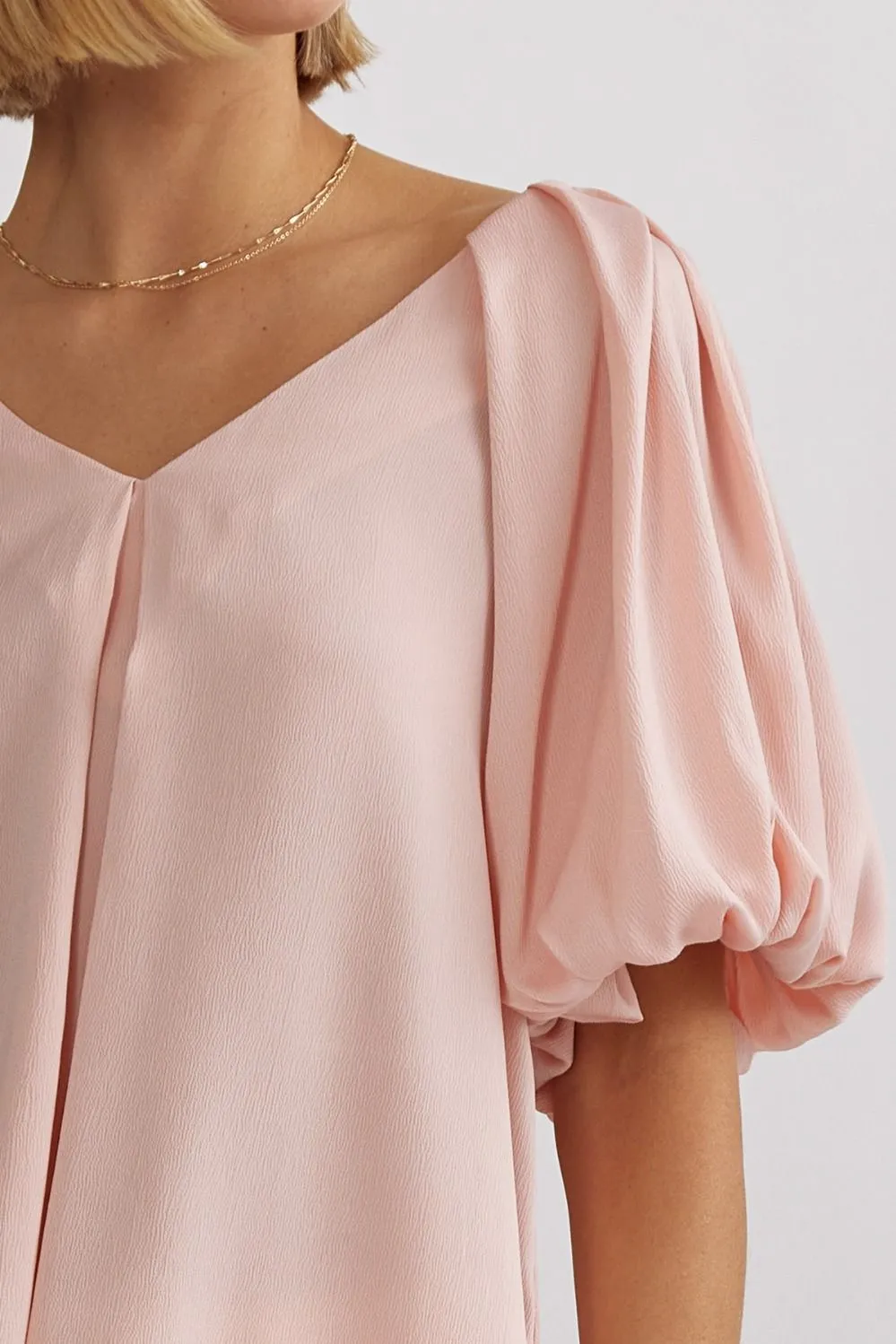 Solid Satin V-Neck Bubble Sleeve Top