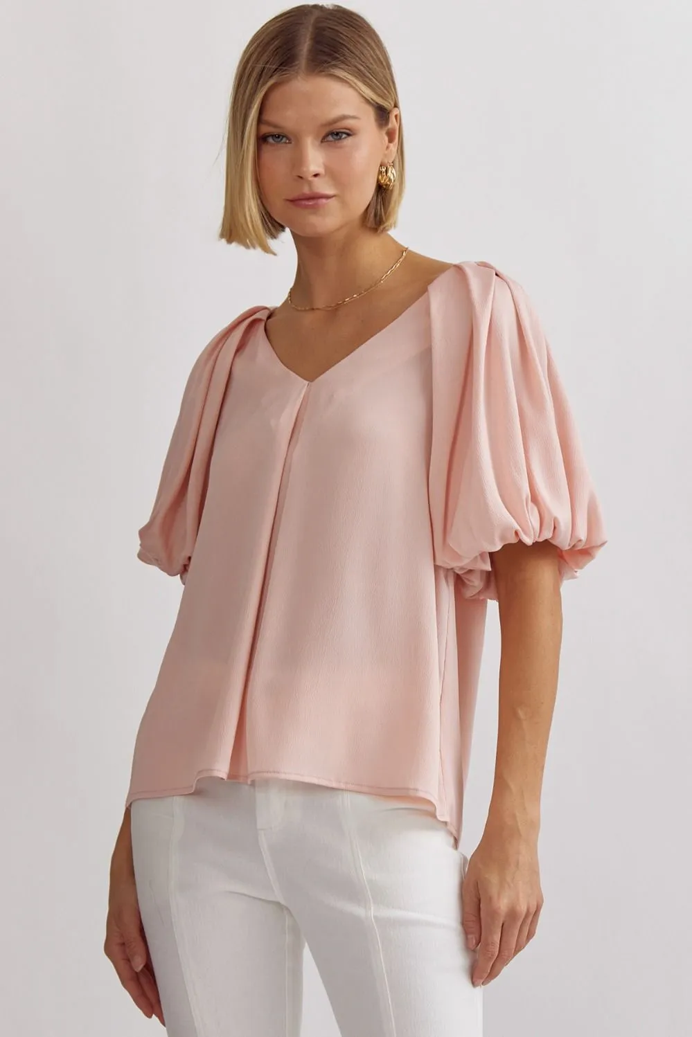 Solid Satin V-Neck Bubble Sleeve Top