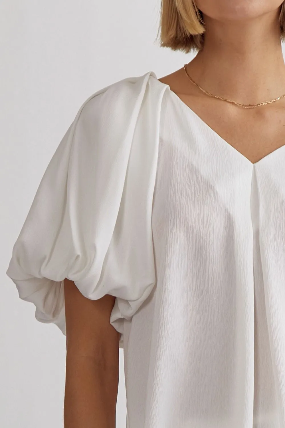 Solid Satin V-Neck Bubble Sleeve Top