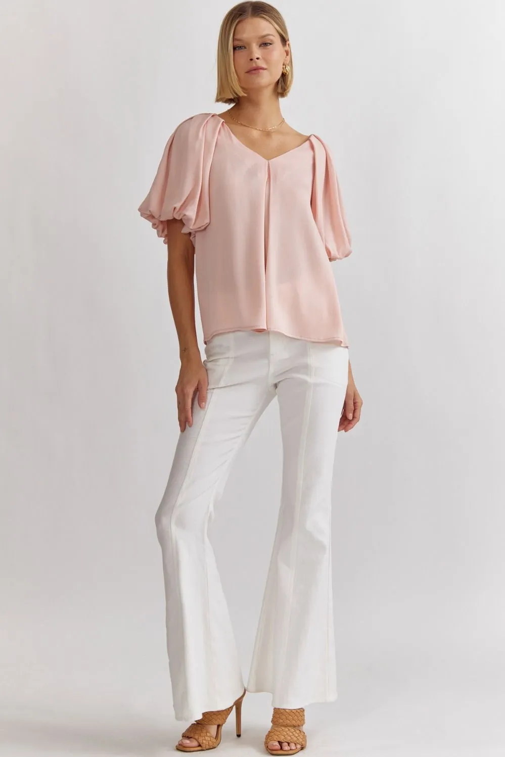 Solid Satin V-Neck Bubble Sleeve Top