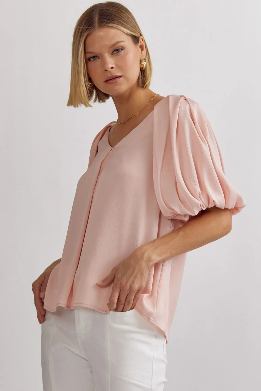 Solid Satin V-Neck Bubble Sleeve Top