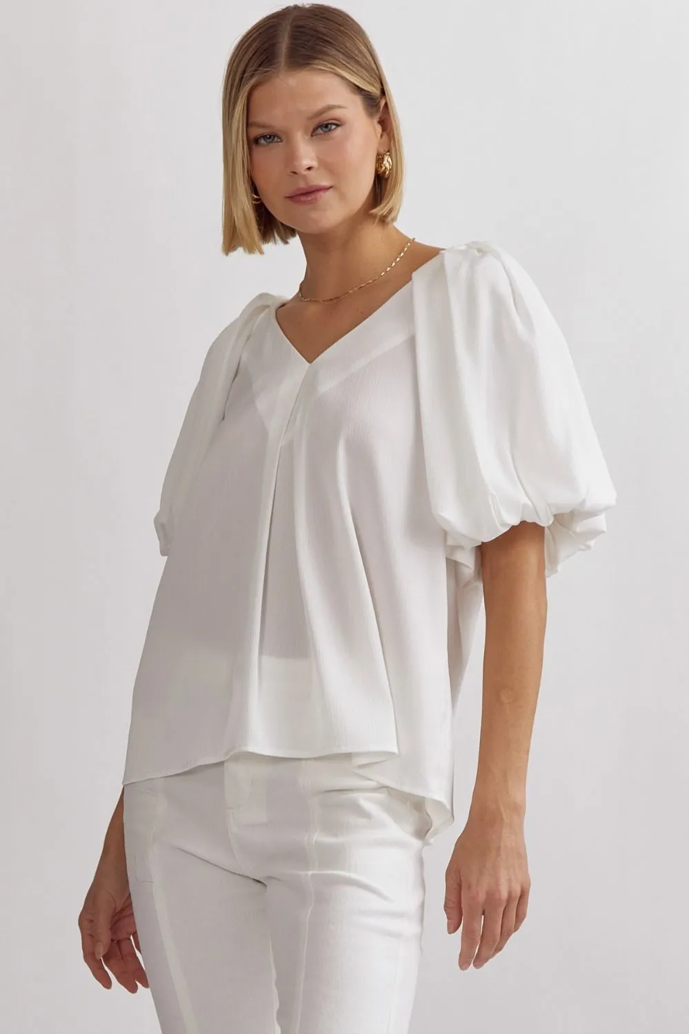 Solid Satin V-Neck Bubble Sleeve Top