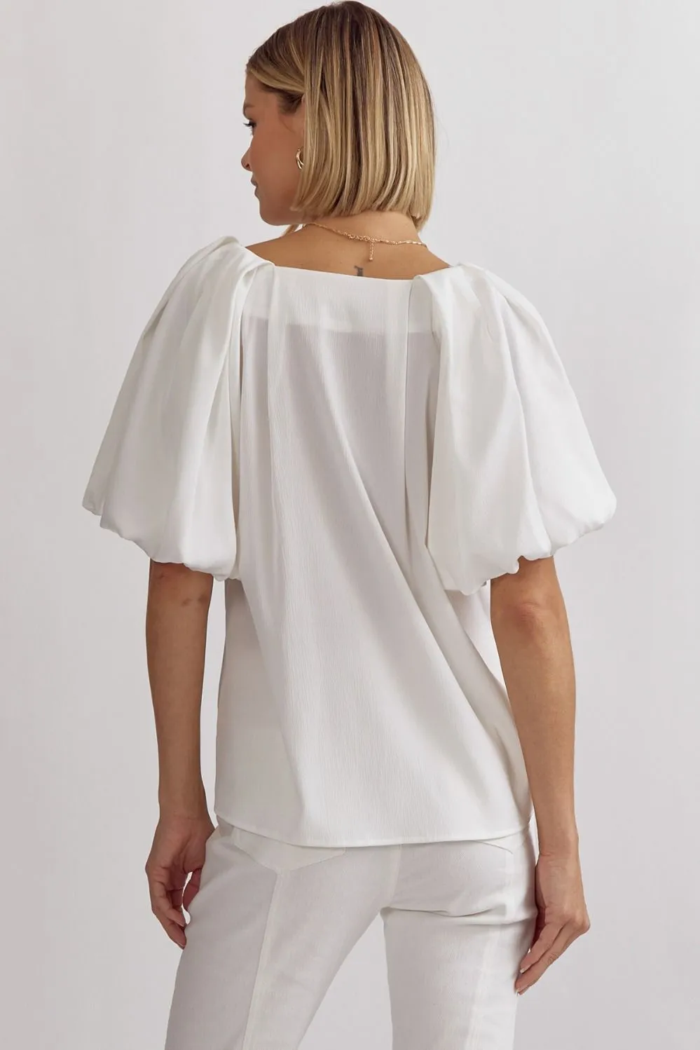 Solid Satin V-Neck Bubble Sleeve Top