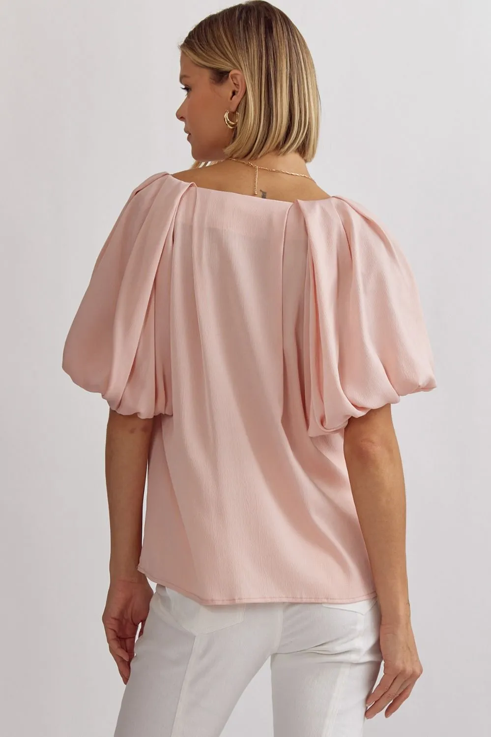Solid Satin V-Neck Bubble Sleeve Top