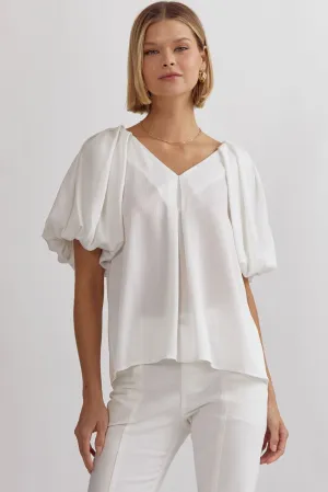 Solid Satin V-Neck Bubble Sleeve Top
