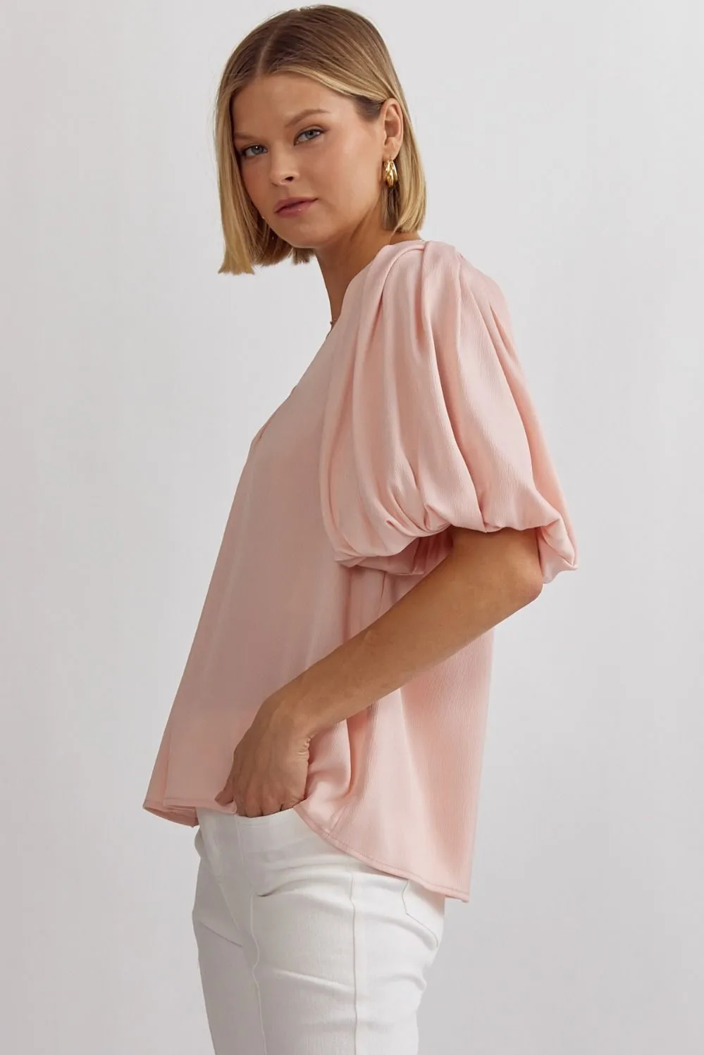 Solid Satin V-Neck Bubble Sleeve Top